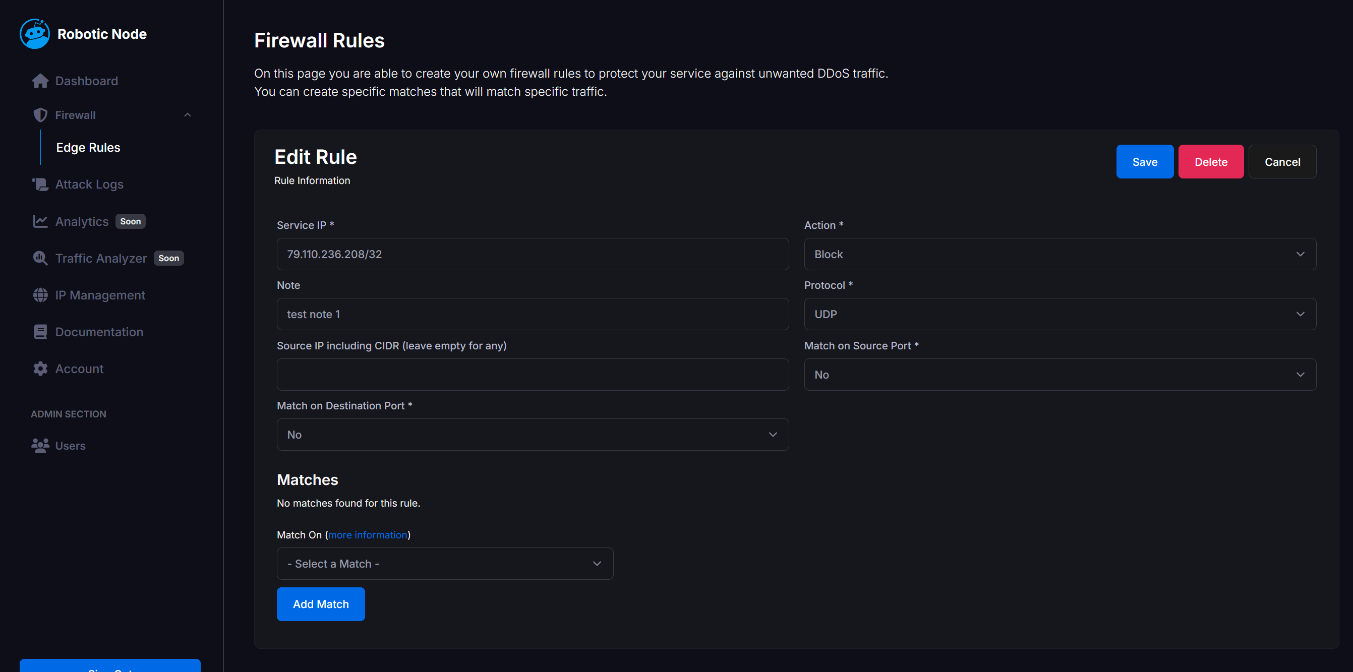 Robotic Node Firewall Shield rule editor.