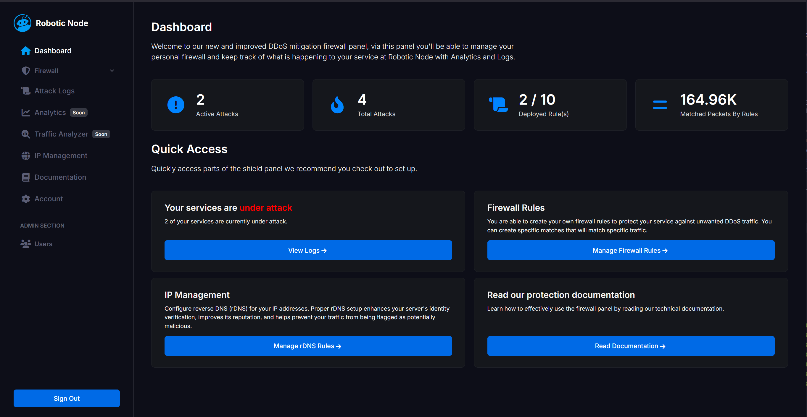 Robotic Node Firewall Shield analytics or traffic management screen.