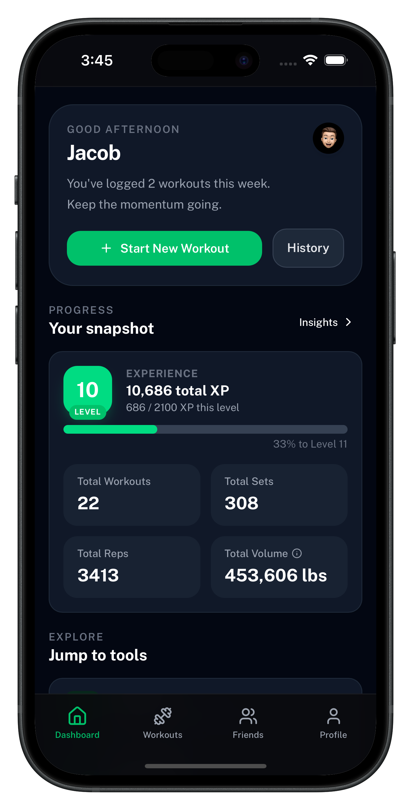 Repvia mobile dashboard showing workout stats and progress.