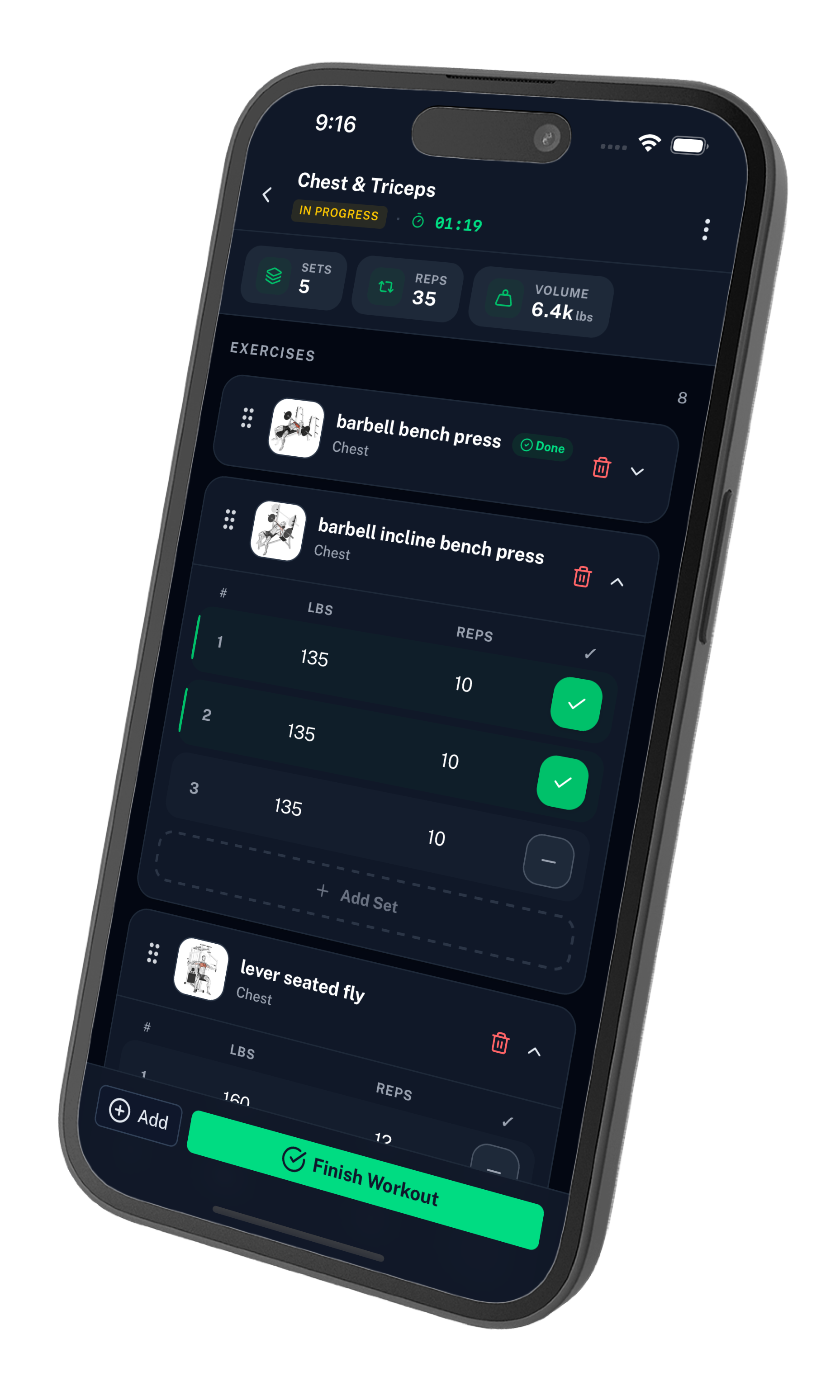 Repvia in-progress workout screen.